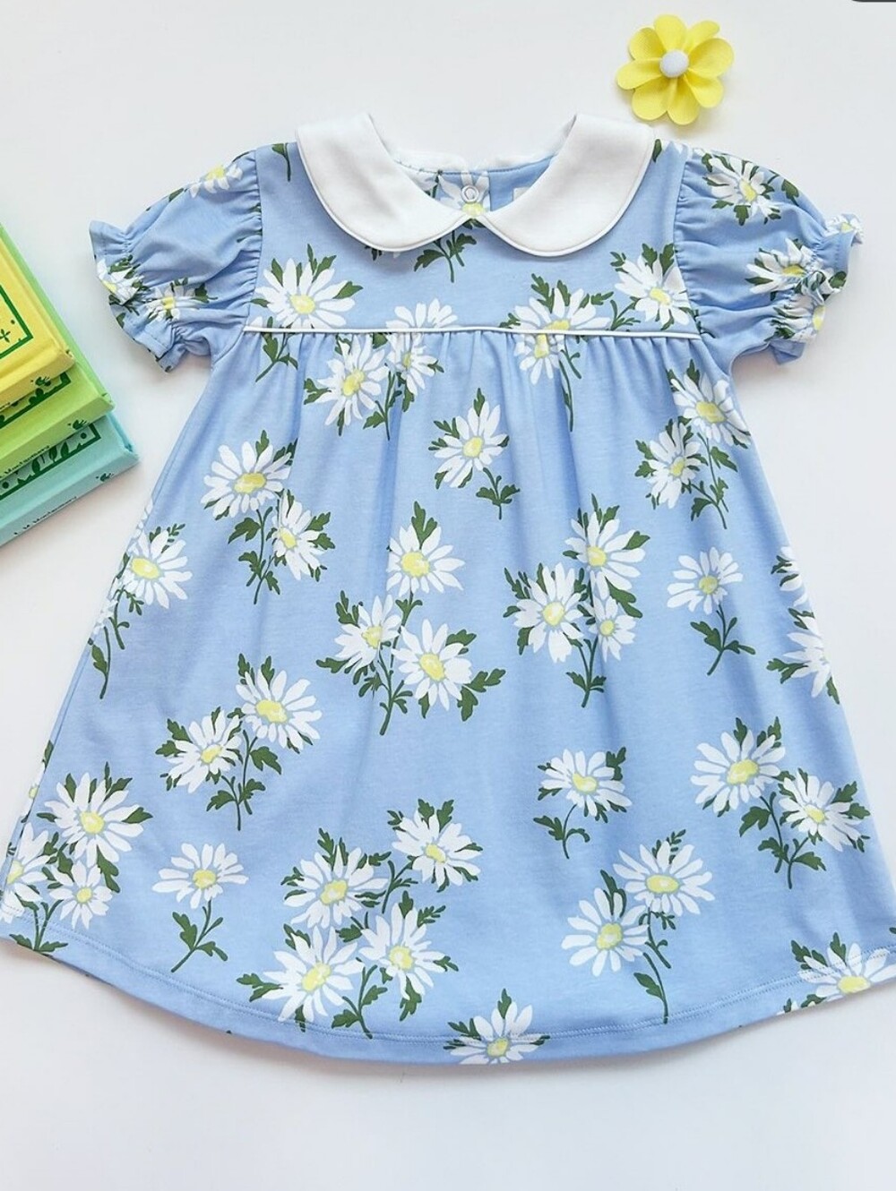 Pima Blue Daisy Print Peter Pan Collar Kids Dress